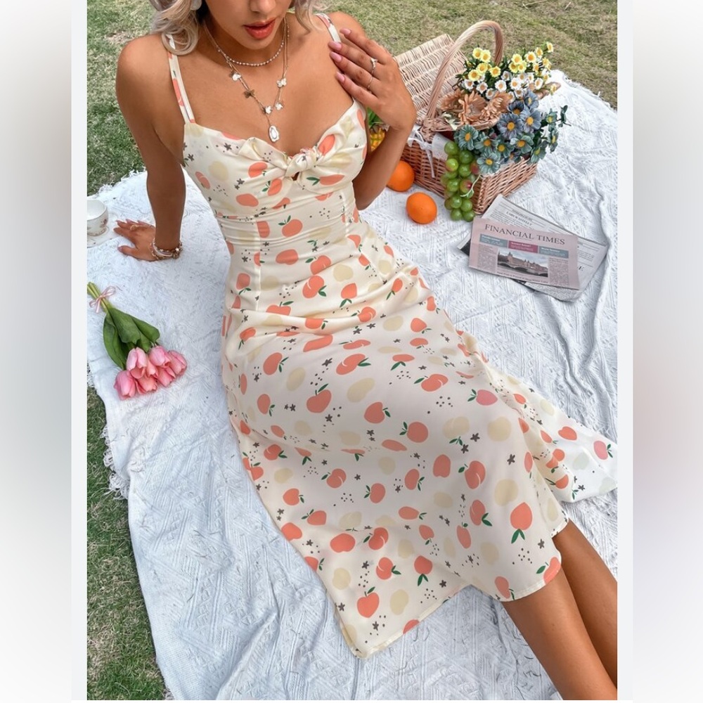 Peach Coastal Sweetheart Knot Neckline Double Strap Fit Flare Peachy Print Dress